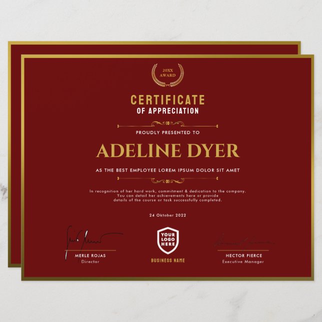 Certificat | Modèle du prix du logo d'entreprise m (Devant / Derrière)