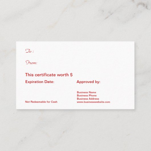 Certificat rustique de cadeau d'entreprise (Dos)