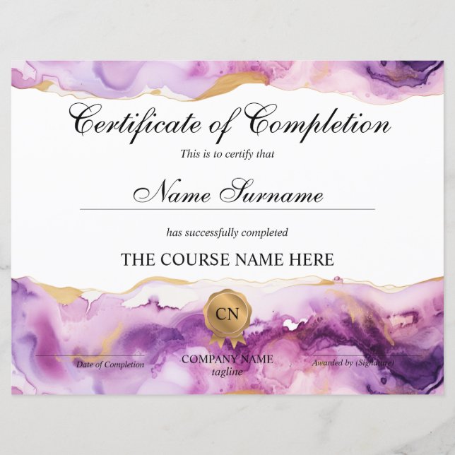 Certificate of Completion Award Course Beauty (Voorkant)