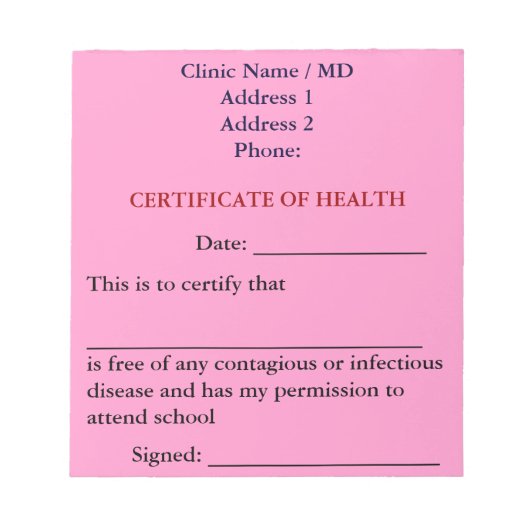 Certificate of Health-blocnote (roze) Notitieblok (Voorkant)