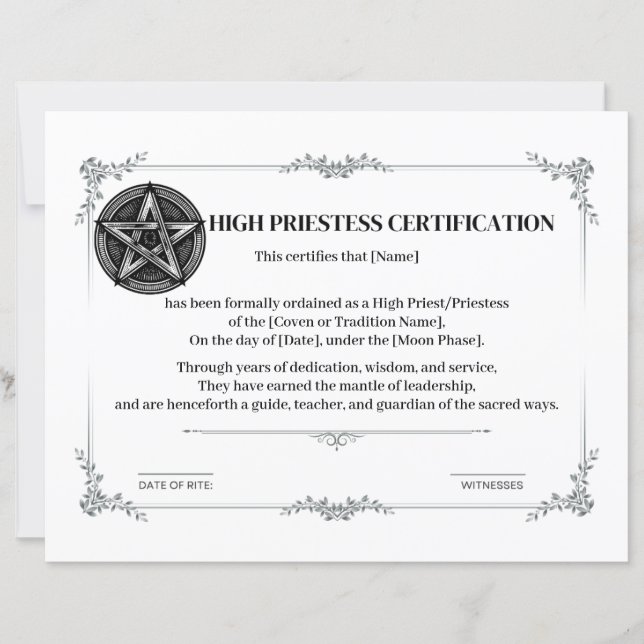 Certificering van Hogepriesteres (Voorkant)
