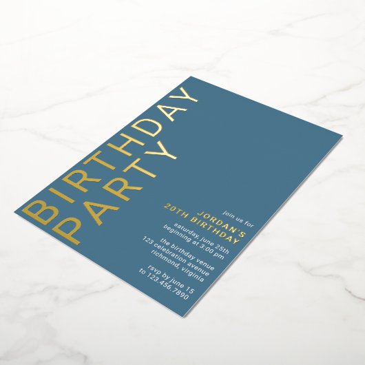 Cerulean Blue Azure | Moderne Typografie Verjaarda Folie Uitnodiging (Gedraaid)