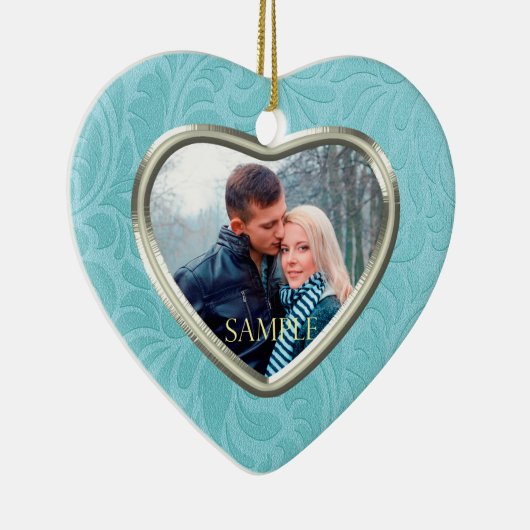 Cerulean Blue Brocade Aandenken Sjabloon Keramisch Ornament (Rechts)