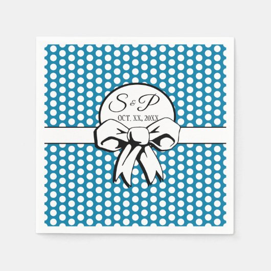Cerulean Blue Polka Dot White Bow gepersonaliseerd Servet (Voorkant)