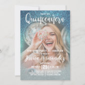 Cerulean Blue Triple Glitter Foto Quinceañera Kaart (Voorkant)