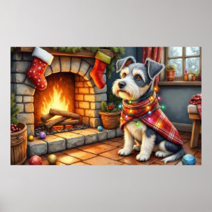 Cesky Terrier Haard met Kerstverlichting Poster