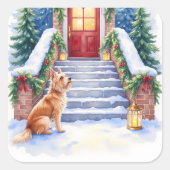 Cesky Terrier Snowy Staircase Christmas Art Vierkante Sticker (Voorkant)