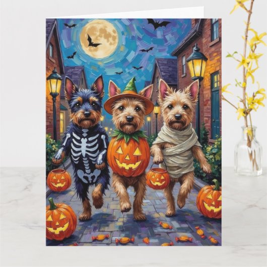 Cesky Terrier Trick-or-Treating Halloween kostuum Kaart (Gele Bloem)