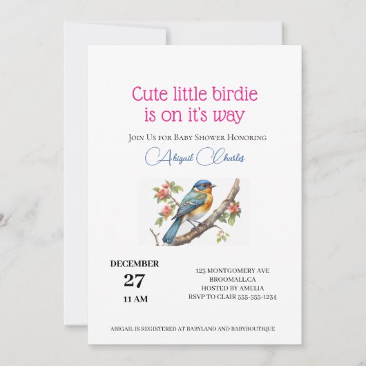 C'est la carte de baby shower d'un oiseau floral f (Devant)