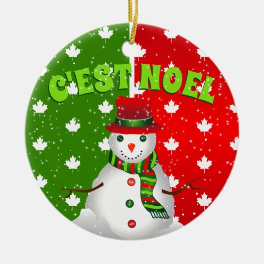C'EST NOEL Canadian Maple Leaf Snowman Kerstmis Keramisch Ornament (Voorkant)