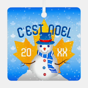 C'EST NOEL Faux Gold Canadian Maple Leaf Snowman Metalen Ornament