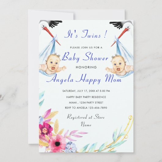 C'est Twin Boys Funny Stork Baby shower Invitation (Devant)