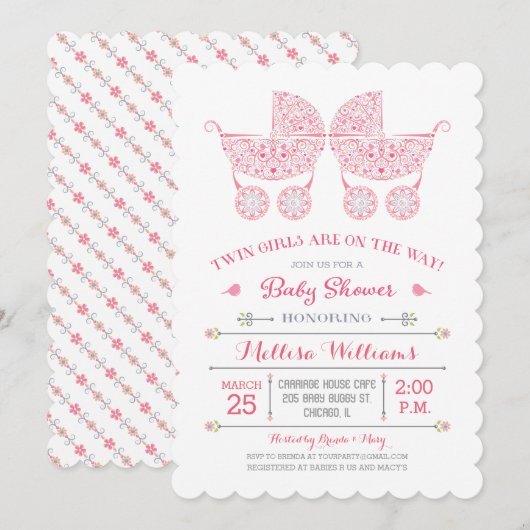 C'est Twin Girls ! Invitation Baby shower Twins (Devant / Derrière)