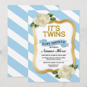 C'est Twins Boys Baby shower Blue Gold Invitation (Devant / Derrière)