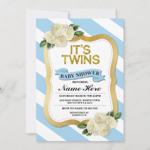 C'est Twins Boys Baby shower Blue Gold Invitation