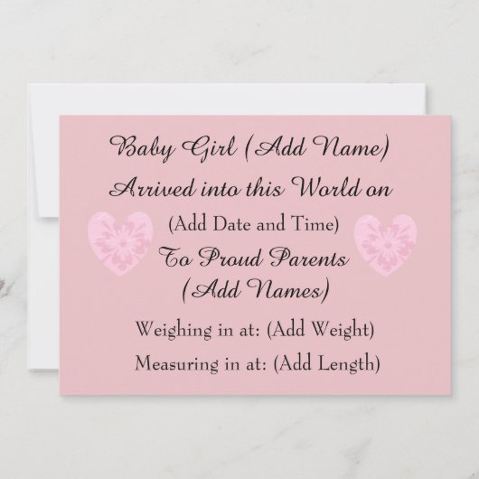 C'est un Faire-part de naissance de Coeurs Roses d (Dos)