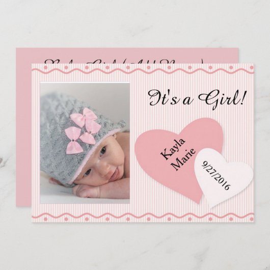 C'est un Faire-part de naissance de Coeurs Roses d (Devant / Derrière)