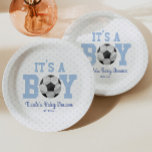 C'est un garçon ! Baby shower de football bleu<br><div class="desc">Il s'agit de plaques en papier sur le thème du football avec un design de pois bleu. C'est un garçon ! Le design est simple et minimal.</div>