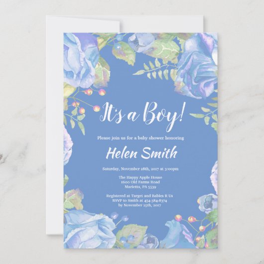 C'est un garçon Blue Floral Baby shower Invitation (Devant)