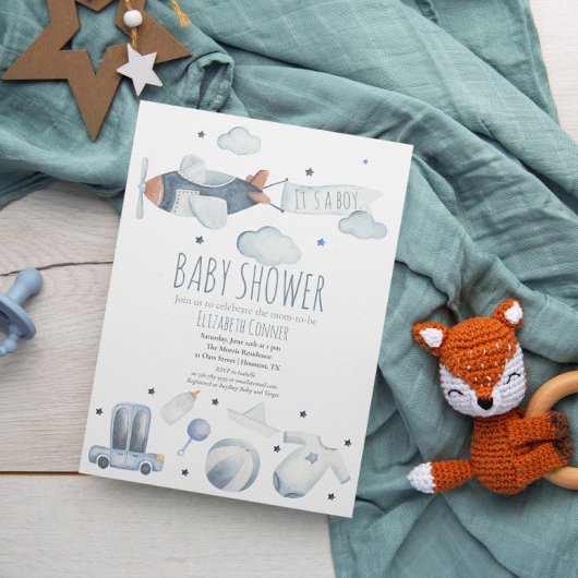 C'est un garçon Invitation avion Aquarelle pour Ba