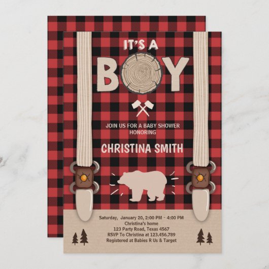 C'est un garçon Lumberjack Baby shower invitation (Devant / Derrière)