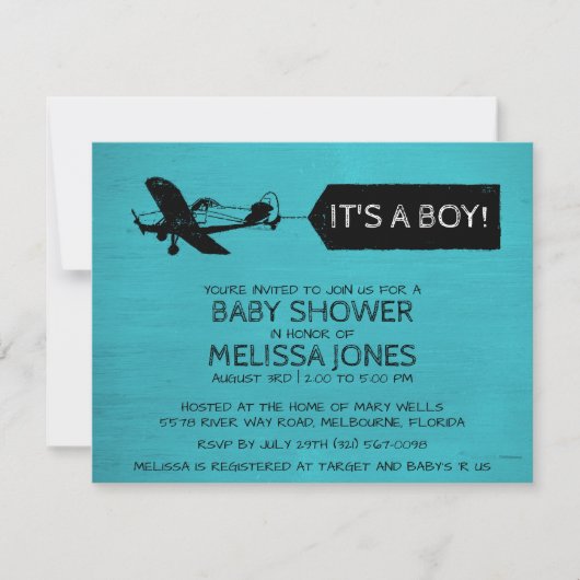 C'est un Invitation de Baby shower d'avion Turquoi (Devant)