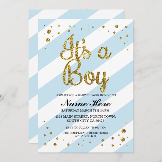 C'est un invitation d'or de rayure bleue de baby (Devant / Derrière)