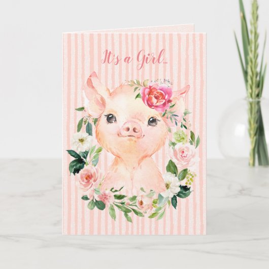 C'est une carte de Baby shower de porc florale de (Devant)