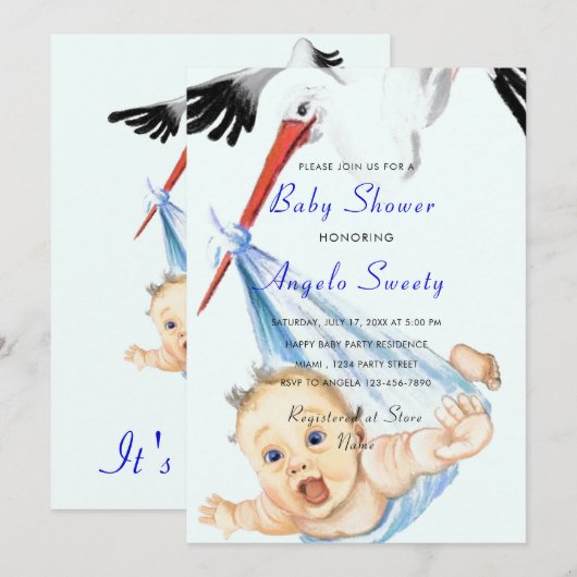 C'est une cigogne portant une invitation à Baby sh (Devant / Derrière)