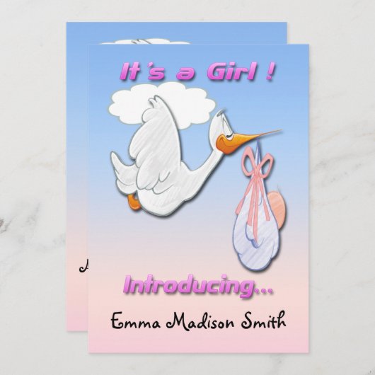 C'est une Faire-part de naissance de cigogne (Devant / Derrière)