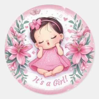 C'est une fille - Autocollant de Baby Shower Flora