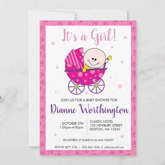 C'est une fille Baby Pink Spiral Shower Invitation (Devant)