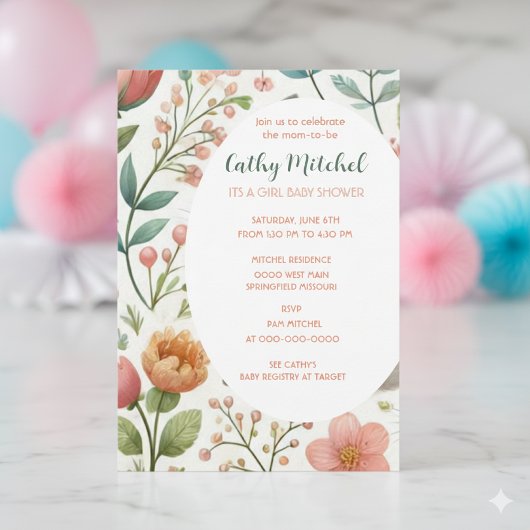C'Est Une Fille Baby shower Floral Invitation