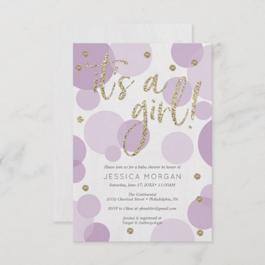 C'est une fille Baby shower violet Invitations Pol (Devant / Derrière)