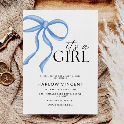 C'est une fille Bleu Bow Baby shower Invitation