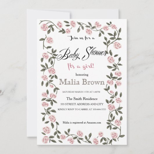 C'est une fille ! Invitation baby shower ~Roses~ (Devant)