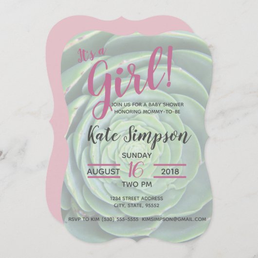 C'est une fille ! Invitation baby shower Succulent (Devant / Derrière)