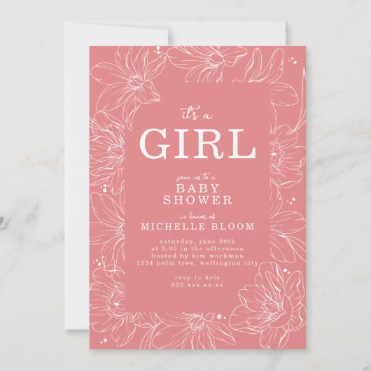 "C'est une FILLE" Invitation de Baby shower floral (Devant)