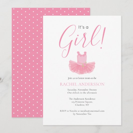 C'est une invitation à Baby shower rose Ballerina (Devant / Derrière)