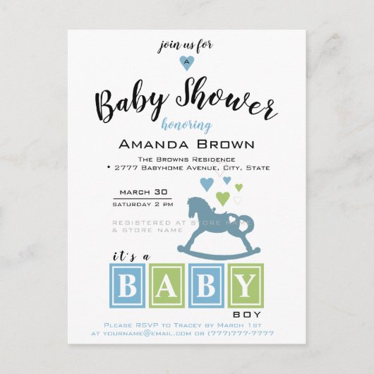 C'est une invitation à une baby shower pour garçon (Devant)