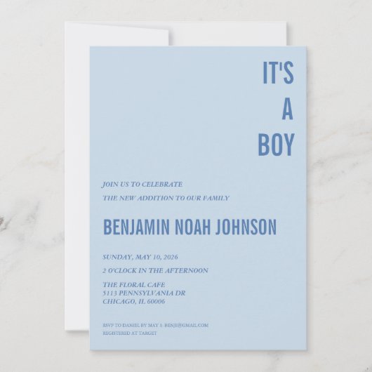 C'est une invitation à une fête de bébé GARÇON (Devant)