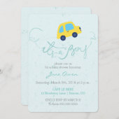 C'est une invitation de baby shower de bus bleu ga (Devant / Derrière)