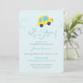 C'est une invitation de baby shower de bus bleu ga (Debout devant)