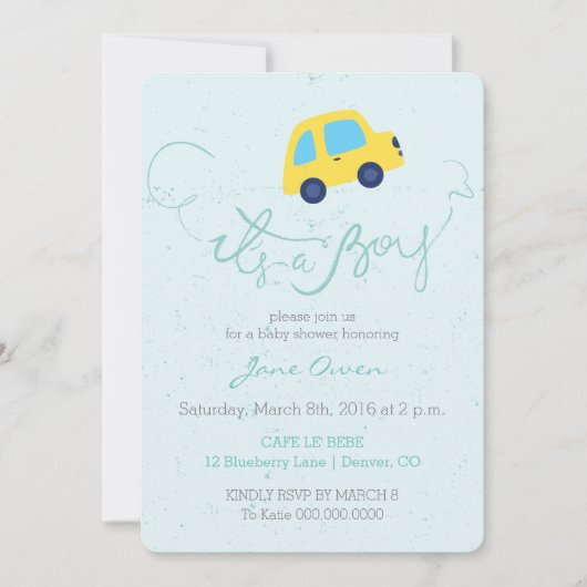 C'est une invitation de baby shower de bus bleu ga (Devant)