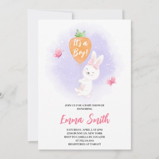 C'est une invitation de Baby shower de lapin migno (Devant)