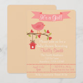 C'est une Invitation de Baby shower d'oiseaux rose (Devant / Derrière)