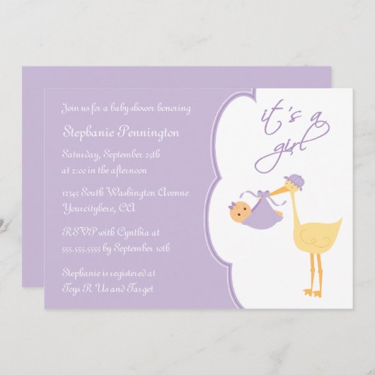 C'est une invitation pourpre de baby shower de (Devant / Derrière)