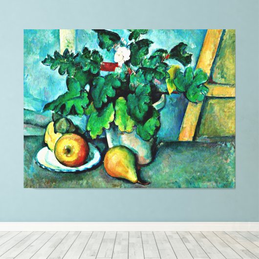 Cezanne - Pot of Primroses and Fruit Canvas Afdruk (Insitu (Houten vloer))