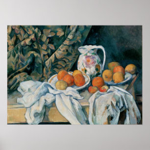 Cézanne - stilstaand leven met gordijn en drijfput poster