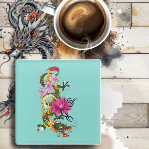 Ch9inese Dragon Lotus Kersenbloesems Glazen Onderzetter